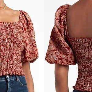 Express Paisley Smocked Puff Sleeve Off The Shoulder Crop Top XL NWT